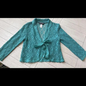 Turquoise‎ color open crochet look, tie front, lightweight sweater. Size M